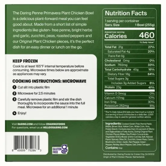 Daring Frozen Gluten Free Penne Primavera Plant Based Chicken Bowl - 9oz image {2}