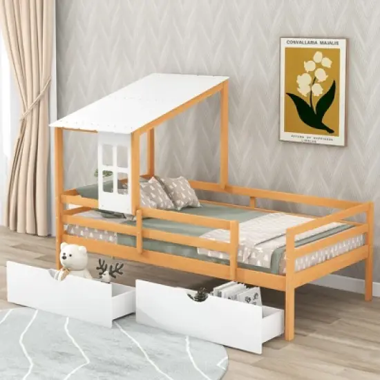 Twin Size House Low Loft Bed with Two Storage Drawers - ModernLuxe image {9}