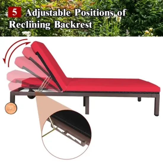Costway 2-Person Patio Rattan Lounge chair Chaise Recliner Adjustable Cushioned Red image {6}