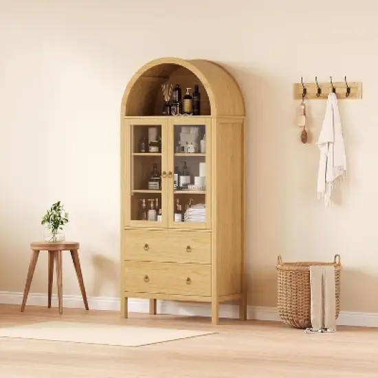 Arched Pantry Cabinet, 71" Tall Freestanding Food Storage Cabinet with 2 Large Drawers, Versatile Cupboard for Dining Room, Natural image {7}