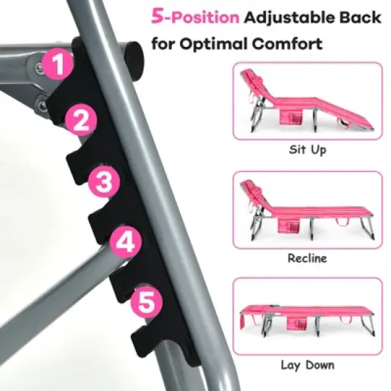 Tangkula Lounge Chair Beach Chair w/ Face Arm Hole Detachable Pillow Adjustable Backrest Side Pocket Outdoor Folding Chaise Sunbathing Chair Hot Pink image {5}