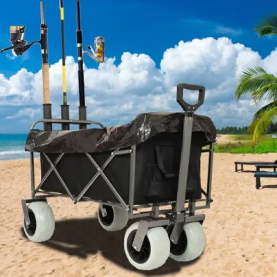 DSVIMOY Fishing Cart with Rod Holders, Beach Wagon with Big Wheels for Sand, Strap with Multiuse Bag, Black, 44.88"*25.98"*44.49" image {3}