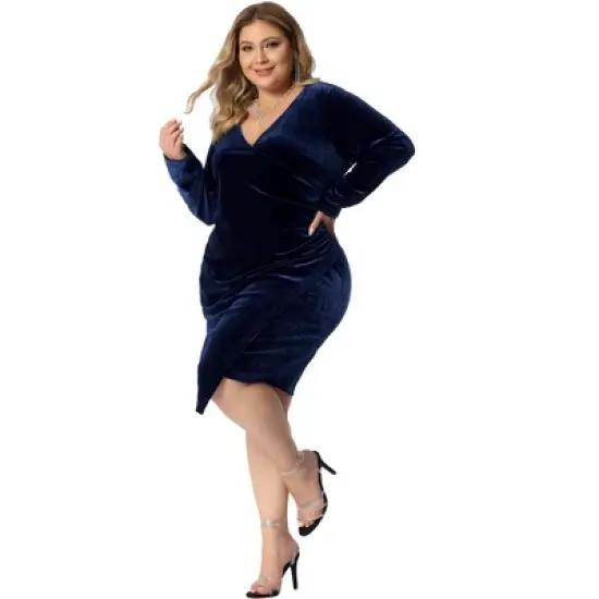 Agnes Orinda Women's Plus Size Velvet Faux Wrap V Neck Ruched Long Sleeve Party Cocktail Bodycon Dress image {2}