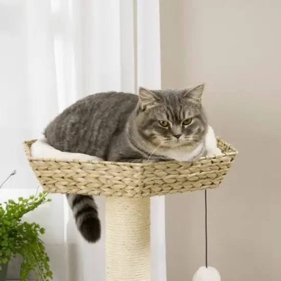 PawHut 47" Cat Tree Kitty Activity Center, Cat Climbing Toy with Cattail Fluff, Bed, Condo, Sisal Scratching Post, and Hanging Ball, Natural image {5}