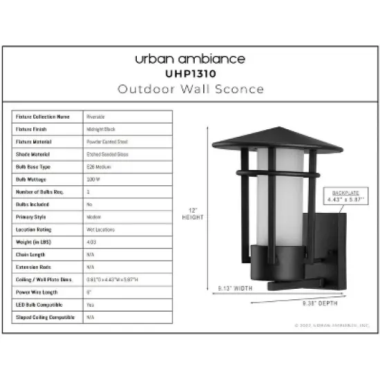 Urban Ambiance Luxury Mid-Century Modern Outdoor Wall Sconce 12''H x 9.125''W,  Midnight Black Finish,  Riverside Collection, UHP1310 image {3}