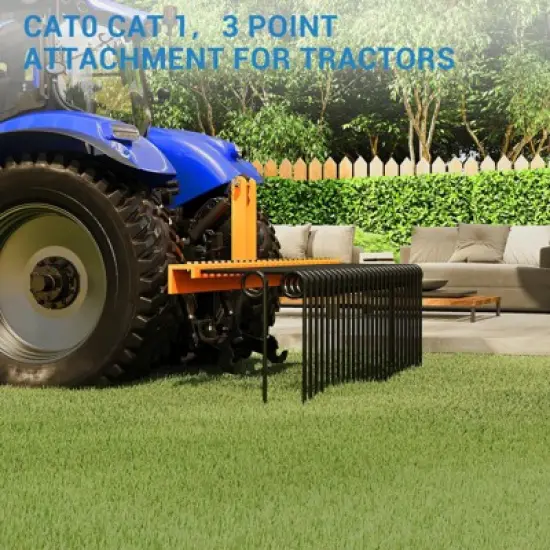 TROPOW Pine Straw Needle Rake, Durable Powder Coated Steel Spring Landscape Rake Attaches to Cat 0 Cat 1,3 Point Hitch for Tractor, Orange image {1}