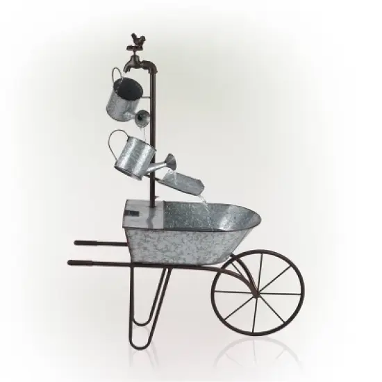 36" Metal Watering Can Wheelbarrow Fountain - Alpine Corporation image {4}