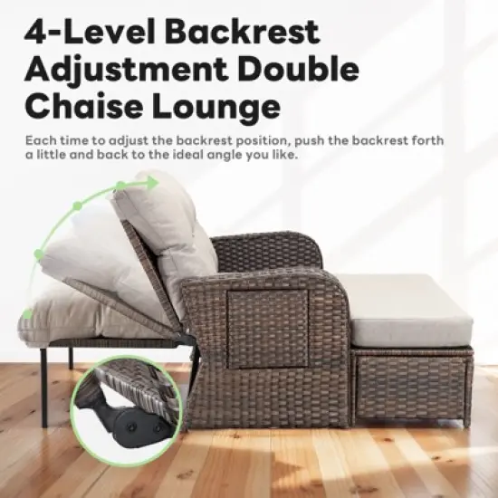 Patio Rattan Daybed Set with Cushioned Loveseat and Ottoman, Outdoor Double Chaise Lounger with 4-Level Adjustable Backrest and Retractable Side Trays image {2}