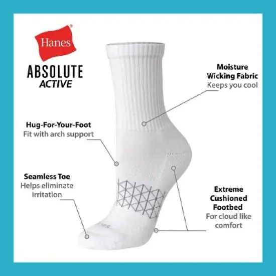 Hanes Women's 4pk Absolute Active Crew Socks - White 5-9: Midweight Cotton Blend, Seamless Toe, Machine Washable image {3}