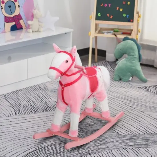 Qaba Kids Plush Toy Rocking Horse Pony Toddler Ride on Animal for Girls Pink Birthday Gifts with Realistic Sounds image {1}