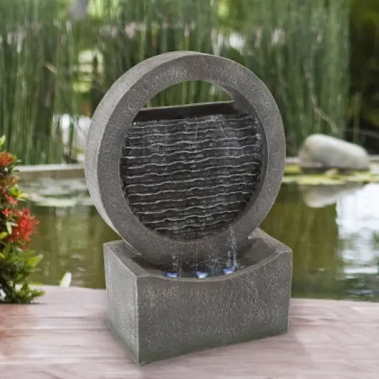 Round Cascade Outdoor Fountain - 18.5-Inch Modern Polyresin Waterfall with Stone Wall Design and LED Lights for Outdoor Decor by Nature Spring (Gray) image {2}