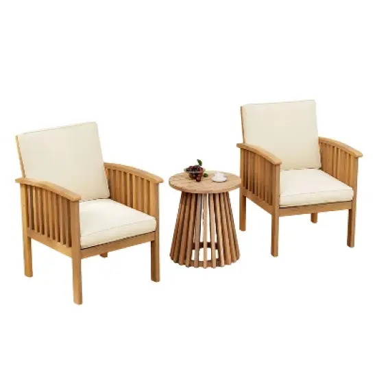 FIONECA Patio Acacia Wood Outdoor Furniture Set &uml;C Club Chairs & Side Table, Conversation Set for Garden, Patio, Deck (Brown+Cream) image {7}