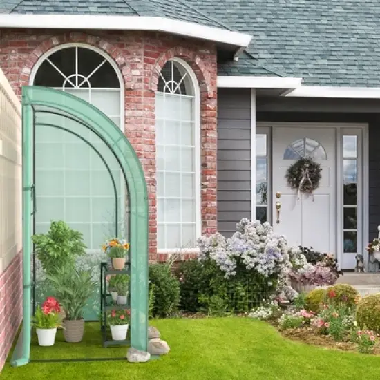 Costway 7'x 3.5'x 7' Lean-to Greenhouse Portable Wall House with Green PE Cover and Shelf image {3}
