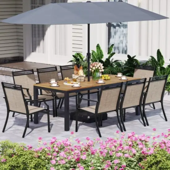 Tangkula 9-Piece Outdoor Patio Furniture w/ Large Wooden Tabletop & Umbrella Hole image {2}