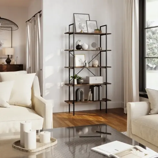 Lavish Home 5-Tier Freestanding Bookshelf &ndash; Open Industrial Style Etagere Wooden Shelving, Brown Woodgrain image {5}