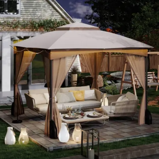 Costway 10 X 10/12 FT Patio Gazebo with Netting Walls 4 Sandbags Zippered Doors Outdoor Gray/Beige image {4}