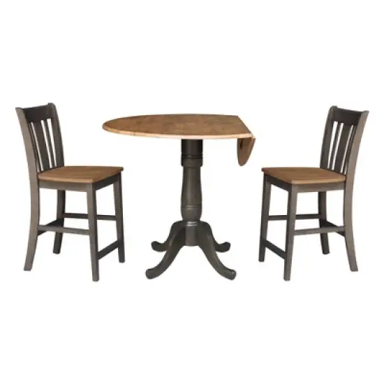 3pc 42" Round Dual Drop Leaf Counter Height Dining Table with 2 Splat Back Stools Hickory/Washed Coal - International Concepts image {2}