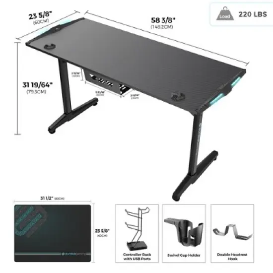 EUREKA ERGONOMIC Gaming Desk with Built-in Accessories,58.27" D x 23.62" W x 31.22" H,Black image {9}