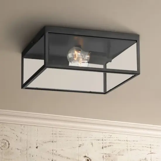 John Timberland Modern Outdoor Ceiling Light Fixture Matte Black 12" Clear Glass Panels Square Exterior House Porch Patio Outside image {1}