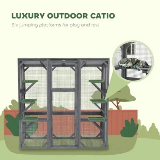 Resenkos Cat Cage, Cat Crate Kennel Enclosure Playpen,Large Wooden Catio Outdoor with 6 Jumping Platforms, Weatherproof Roof,Gray image {9}