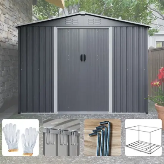 Gulches 8x6 FT Outdoor Tool Storage Shed with Metal Foundation & Lockable Doors,  All Weather Metal Sheds for Garden, Patio, Backyard, Lawn, Gray image {3}
