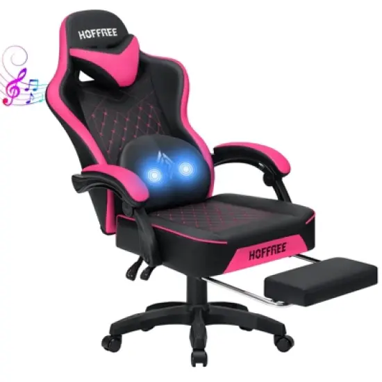 Hoffree Leather Massage Gaming Chair Ergonomic Office PC Chair with Bluetooth Speaker & Footrest image {16}