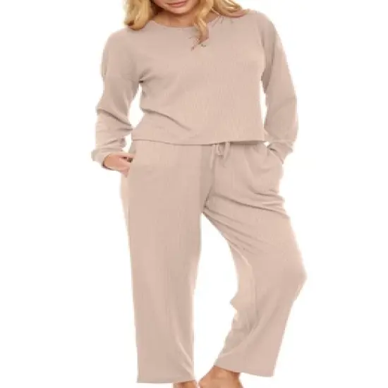 Women's Soft Ribbed Waffle Rib Knit Henley Pajamas Lounge Set, Lounge Sleeve Top and Pants with Pockets, Drawstring image {7}