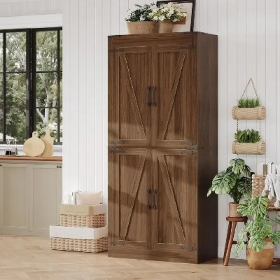 71" Farmhouse Pantry Cabinet w/ 4 Barn Doors & Adjustable Shelves - Freestanding Rustic Storage for Kitchen or Multi-Room Use, Tall Cupboard image {7}