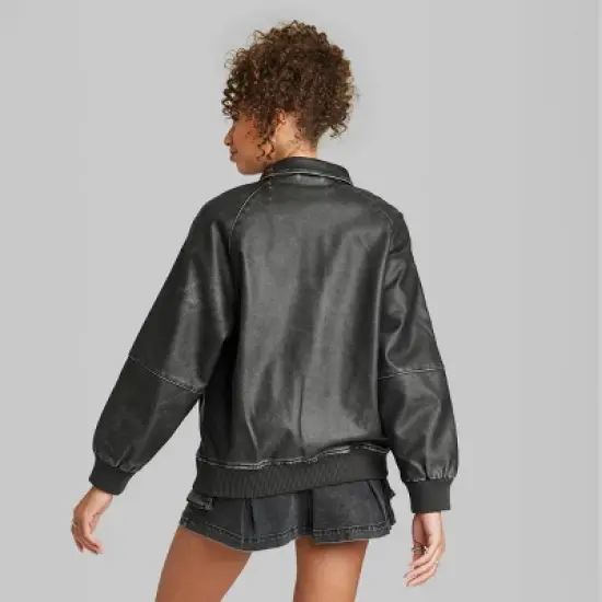 Women's Distressed Faux Leather Bomber Jacket - Wild Fable&trade; Black image {2}