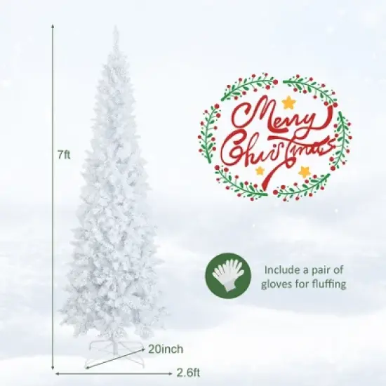 Costway 7FT Pre-Lit Hinged Pencil Christmas Tree White w/ 300 LED Lights & 8 Flash Modes image {3}