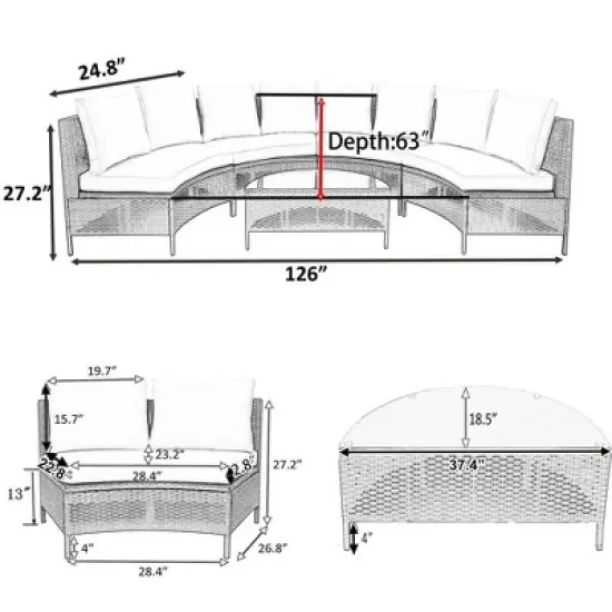 5-Piece Outdoor Rattan Half-Moon Sectional Sofa Set with Tempered Glass Coffee Table image {5}