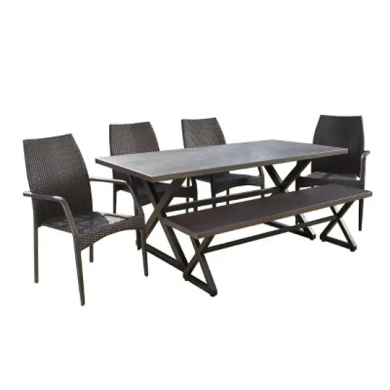Christopher Knight Home Perault Outdoor Wicker and Aluminum 6 Piece Dining Set with Bench, Multibrown/Brown image {1}