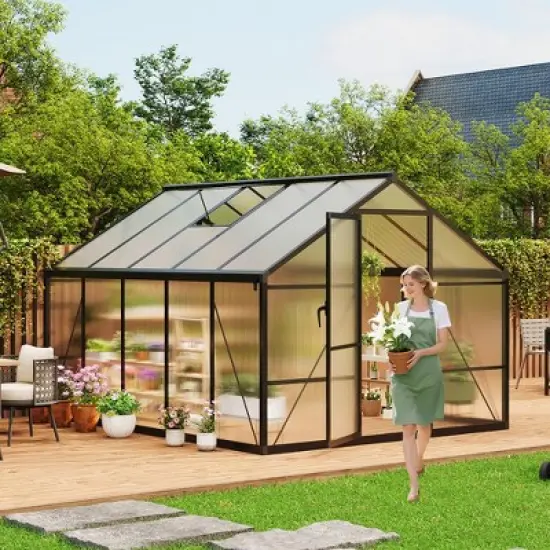 8x10 FT Aluminum Large Walk-in Green House Polycarbonate Greenhouse with Roof Vent Ground Nails Lockable Push Door image {8}