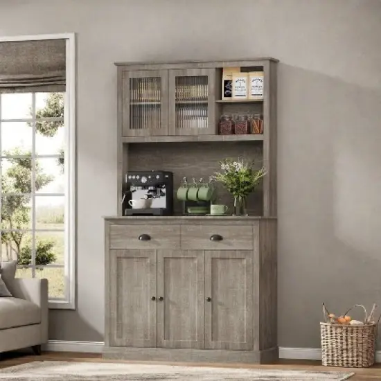 71" Tall Grey Kitchen Pantry Cabinet with Microwave Stand &ndash; Freestanding Storage with Glass Doors, Adjustable Shelves & Coffee Bar for Dining Room image {3}