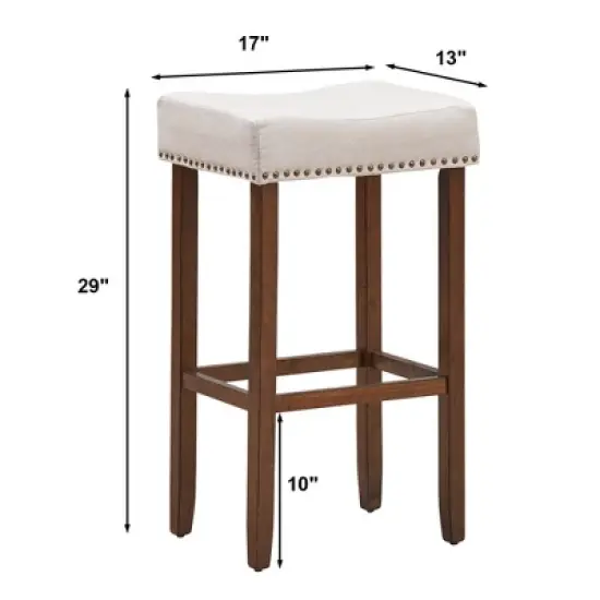 Costway Set of 4 Nailhead Saddle Bar Stools 29'' Height w/ Fabric Seat & Wood Legs Gray/Beige image {2}