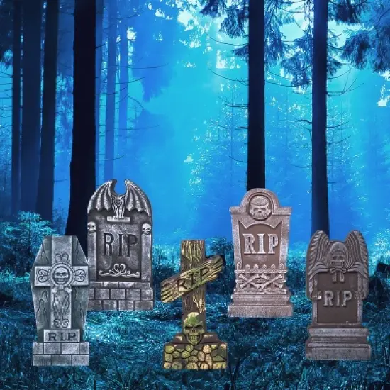 Joyfy 5pcs 17" Halloween Foam RIP Graveyard Tombstones with 12 Metal Stakes, Halloween Tombstones Cemetery Decorations for Haunted House Yard Lawn image {9}