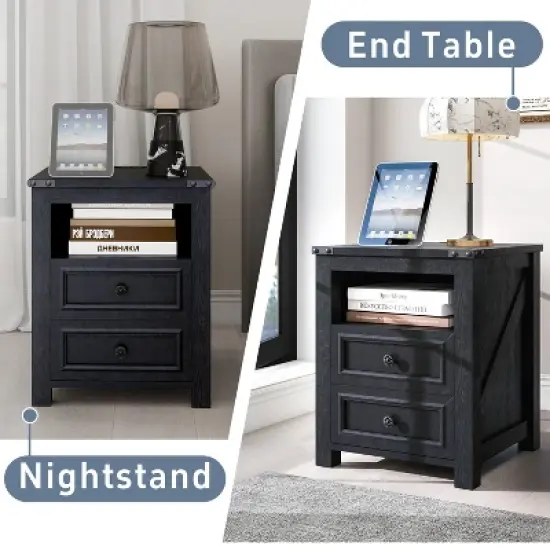 Vipbear Night Stand with Charging Station Rustic 18 Inch Bedside Table with 2 Storage Drawers and Open Shelf,Modern Wood End Table for Bedroom image {4}