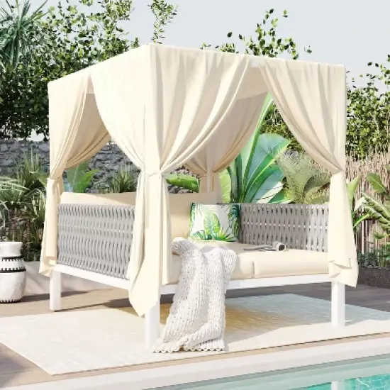 Janey Metal Frame Woven Rope Patio Daybed with Curtains, 2-Seater Outdoor Daybed, Outdoor Furniture, Tanning Near Me - Maison Boucle image {9}