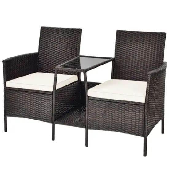Tangkula Patio Loveseat 2 Person Cushioned Seats With Center Table Outdoor Rattan Furniture Set Turquoise/ Red image {10}