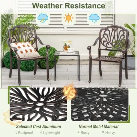 Costway 2pcs Patio Cast Aluminum Dining Chairs Armrests Outdoor Stackable Bronze/White image {4}