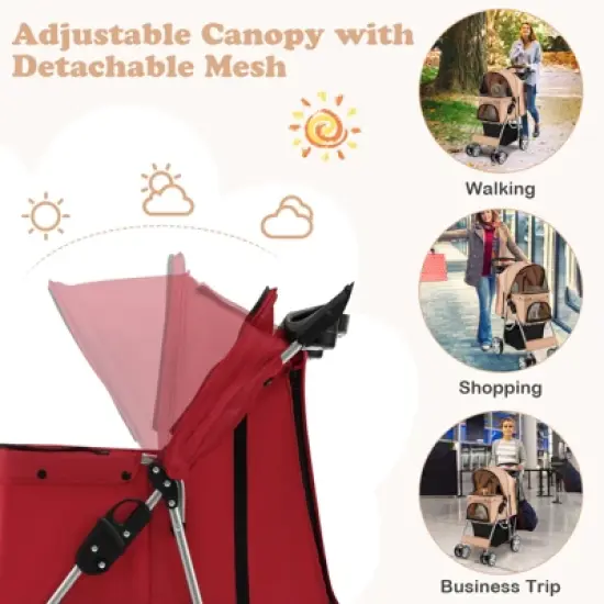 Costway 4 Wheel Pet Stroller w/ Storage Basket & Tray Adjustable Canopy Pets Burgundy image {4}