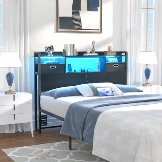 Aheaplus Storage Headboard with Power Outlet and RGB LED Lights, Head Board with Fabric Drawers image {3}