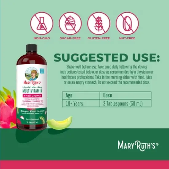 MaryRuth's Morning Multivitamin Liquid + Hair Growth, Dragonfruit Melon, 30 oz image {2}