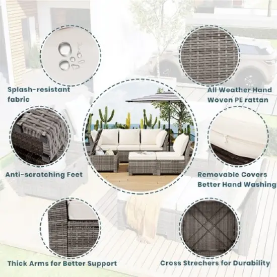 6PCS Patio PE Rattan Conversation Set, Outdoor All-weather Wicker Sectional Sofa Set, Beige-ModernLuxe image {3}