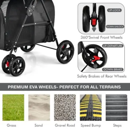 Tangkula Double Pet Stroller with 2 Detachable Carrier Bags Safety Belt 4 Lockable Wheels Cat Stroller Travel Carrier Strolling Cart Folding Black image {5}