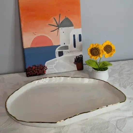 Jiallo 12" Simplicity Collection White Porcelain Gold Trim Freestyle Oval Shape Tray image {7}