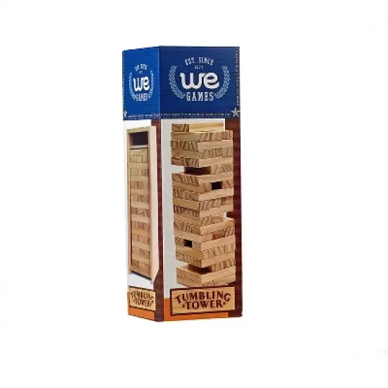 WE Games Wood Block Stacking Party Game That Tumbles Down when you play - Includes 12 in. Wooden Box and die image {7}
