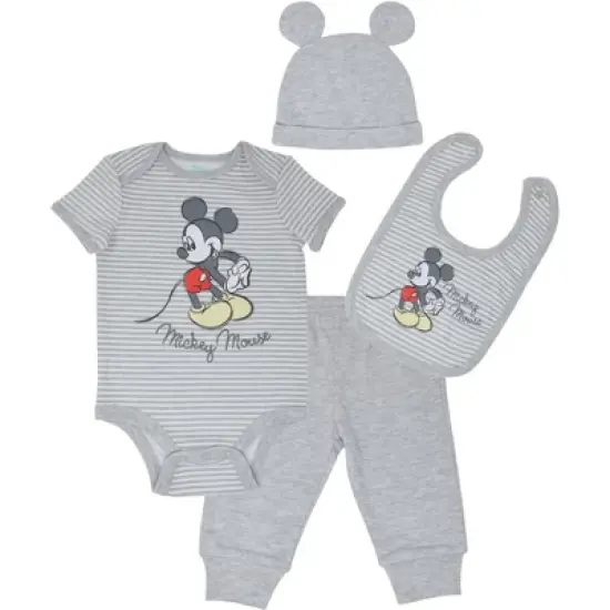 Disney Mickey Mouse Baby Bodysuit Pants Bib and Hat 4 Piece Outfit Set Newborn to Infant image {10}