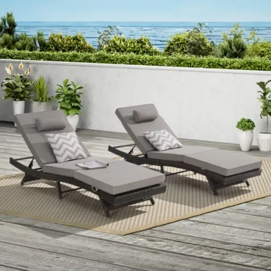 Outdoor Chaise Lounge Chair Set of 2, Wicker Reclining Lounge with Adjustable Backrest & Cushion, Sunbathing Chair for Patio Pool Garden image {10}