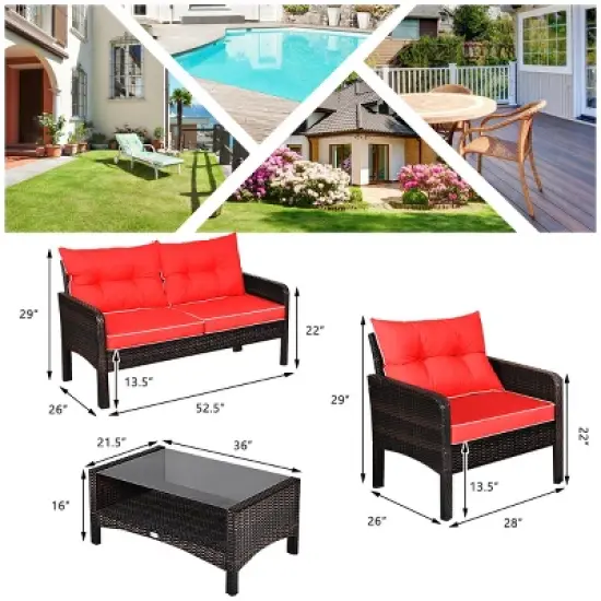 Tangkula 4 Piece Patio Conversation Set Rattan Wicker Loveseat Sofa Coffee Table & Glass Top Red/Turquoise Cushions image {1}